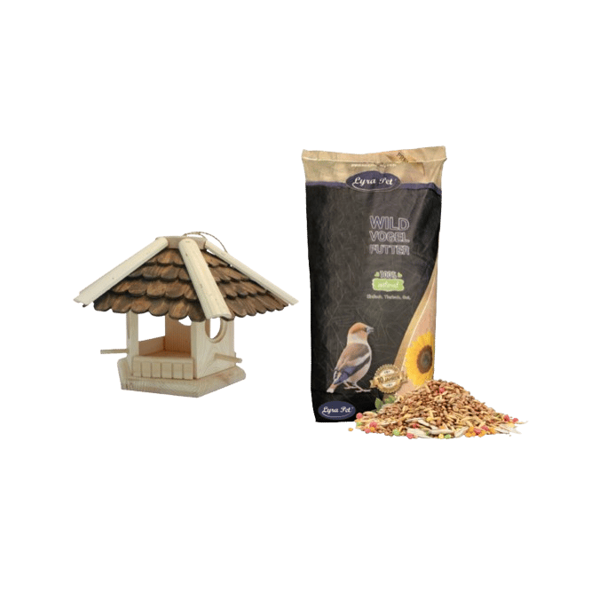Pavillon pour oiseaux avec toit en bardeaux - épicéa + nourriture pour oiseaux