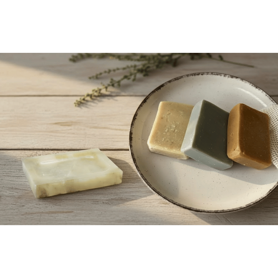 3er Set Olivenseife inkl. Alabasterseifenschale